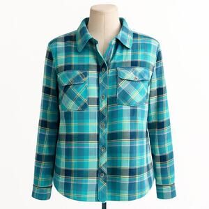 Marmot Women’s Plaid Flannel Button Down Shirt – Turquoise / Navy – Size Medium